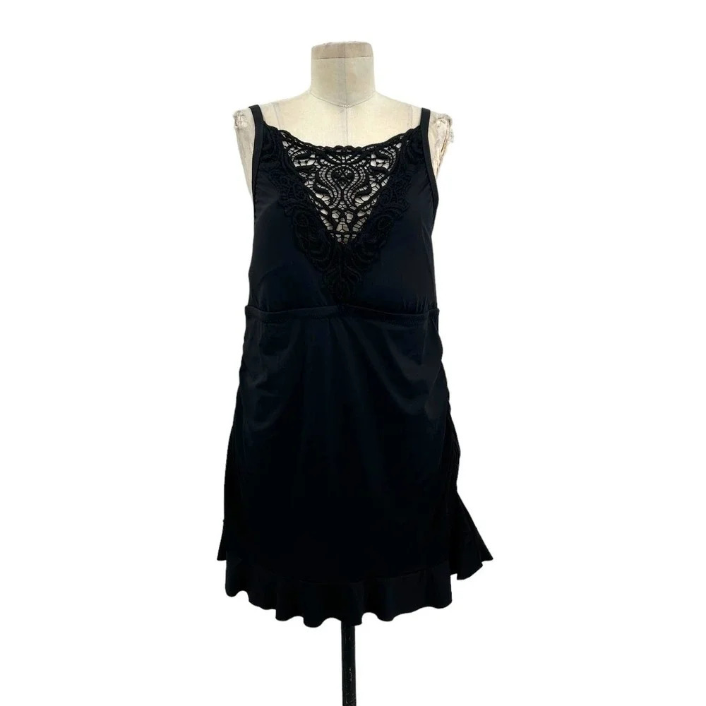 BECCA by Rebecca Virtue Crochet Neck Ruched Swimdress‎ Black Plus Size 2X